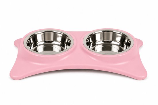 Voerbak Hond en Kat – Dubbele RVS Bakken – Roze – 40 x 20 cm – Antislip