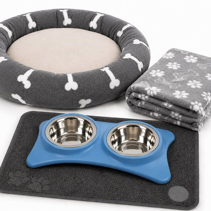 Puppy Starter Kit – Dubbele Voerbak met Mat – Blauw/Grijs – Hondenmand met Dekentje