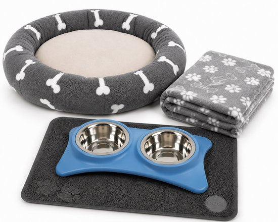 Puppy Starter Kit – Dubbele Voerbak met Mat – Blauw/Grijs – Hondenmand met Dekentje