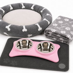 Puppy Starter Kit – Dubbele Voerbak met Mat – Roze/Grijs – Hondenmand met Dekentje