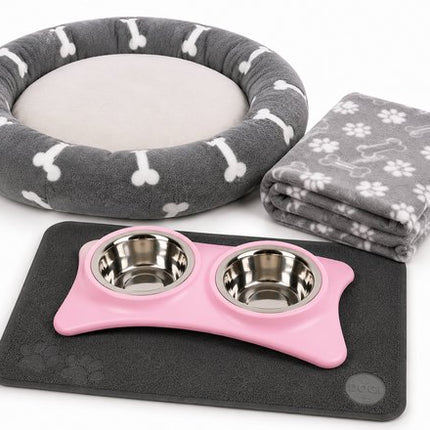 Puppy Starter Kit – Dubbele Voerbak met Mat – Roze/Grijs – Hondenmand met Dekentje