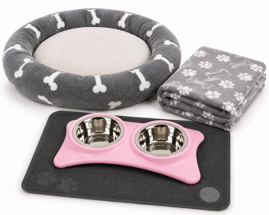 Puppy Starter Kit – Dubbele Voerbak met Mat – Roze/Grijs – Hondenmand met Dekentje
