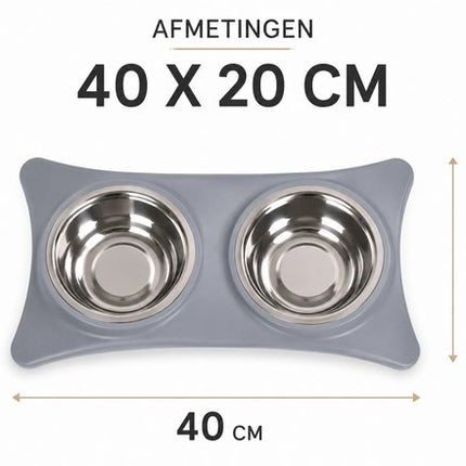 Voerbak Hond en Kat – Dubbele RVS Bakken – Blauw – 40 x 20 cm – Antislip