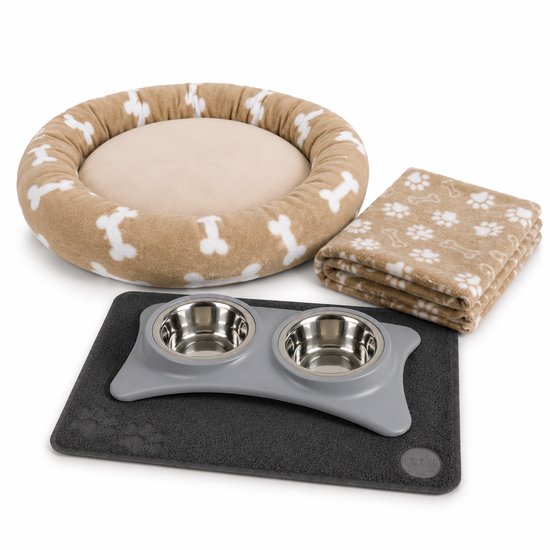Puppy Starter Kit – Dubbele Voerbak met Mat – Grijs/Beige – Hondenmand met Dekentje