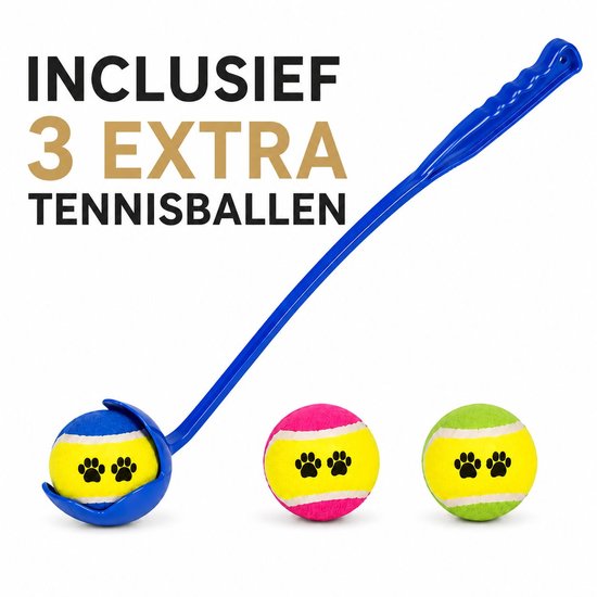 Honden ballenwerper – Ergonomisch met 3 ballen – Blauw – 65 cm – Apporteerset
