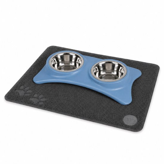 Voerbak Set met Voermat – Antislip – Dubbele RVS Bakken – Blauw – 40 x 20 cm – Inclusief Mat 60 x 45 cm