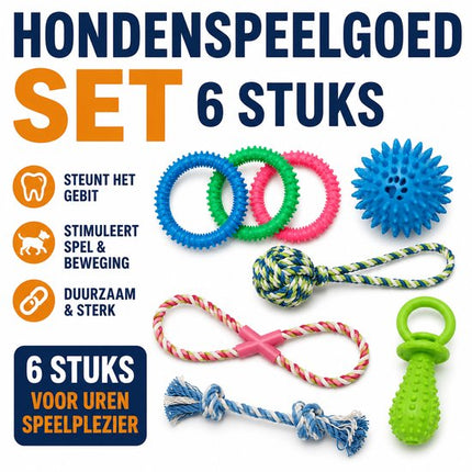 Hondenspeelgoed Set – Interactief Kauw en Trekspeelgoed – Multicolor – Assorti – 6 Stuks