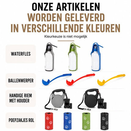 Kwispelz - Honden Wandelset – Hondenriem 5 meter - Poepzakjes - Waterfles - Ballenwerper - Tennisballen