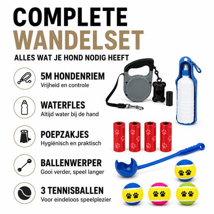 Kwispelz - Honden Wandelset – Hondenriem 5 meter - Poepzakjes - Waterfles - Ballenwerper - Tennisballen