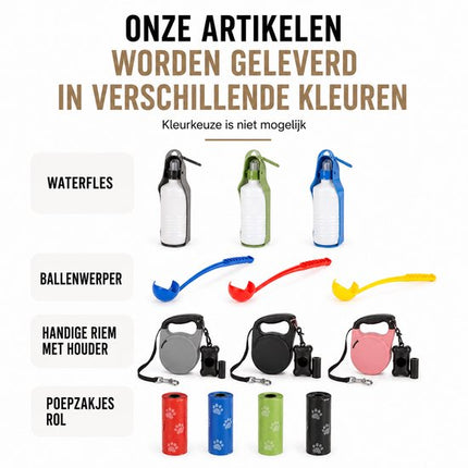Kwispelz - Honden Wandelset – Hondenriem 5 meter - Poepzakjes - Waterfles - Ballenwerper - Tennisballen