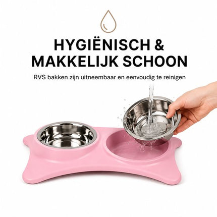 Voerbak Hond en Kat – Dubbele RVS Bakken – Blauw – 40 x 20 cm – Antislip