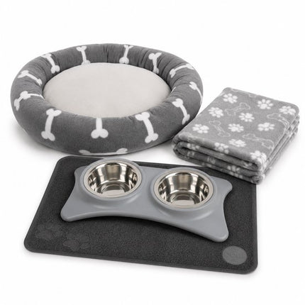 Puppy Starter Kit – Dubbele Voerbak met Mat – Grijs – Hondenmand met Dekentje