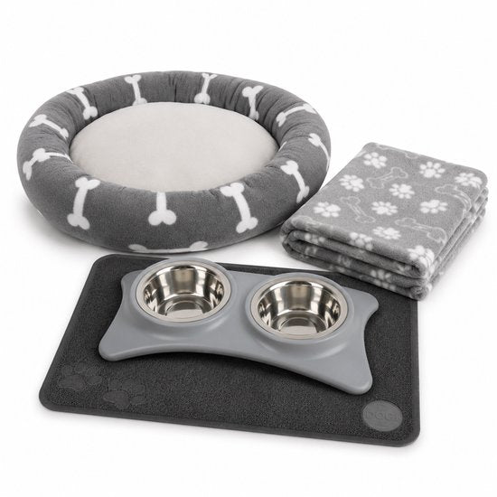 Puppy Starter Kit – Dubbele Voerbak met Mat – Grijs – Hondenmand met Dekentje