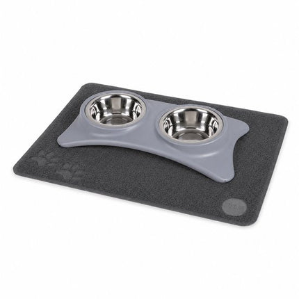 Voerbak Set met Voermat – Antislip – Dubbele RVS Bakken – Grijs – 40 x 20 cm – Inclusief Mat 60 x 45 cm