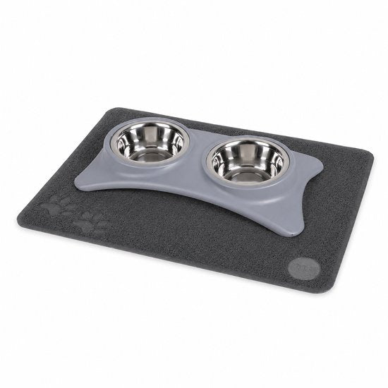 Voerbak Set met Voermat – Antislip – Dubbele RVS Bakken – Grijs – 40 x 20 cm – Inclusief Mat 60 x 45 cm