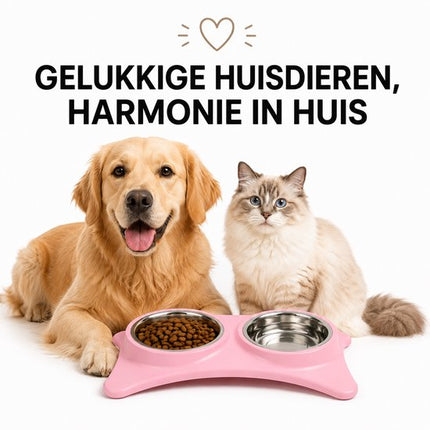 Voerbak Hond en Kat – Dubbele RVS Bakken – Blauw – 40 x 20 cm – Antislip
