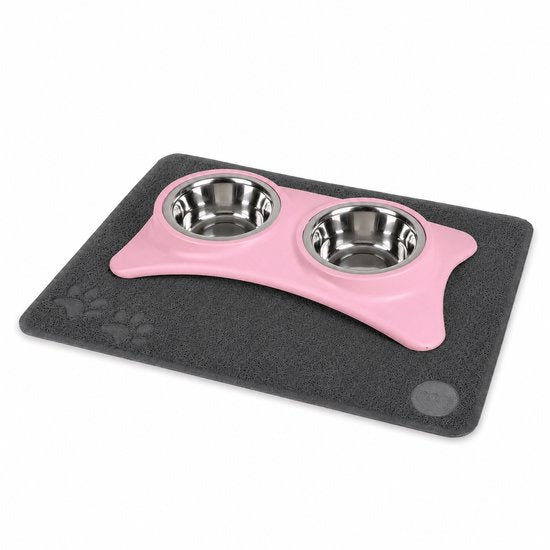 Voerbak Set met Voermat – Antislip – Dubbele RVS Bakken – Roze – 40 x 20 cm – Inclusief Mat 60 x 45 cm