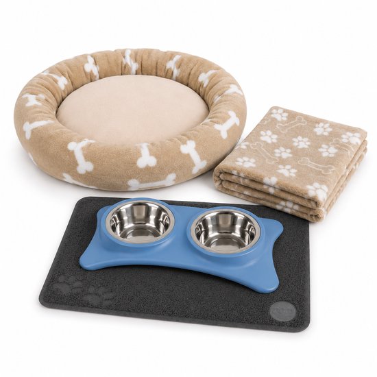 Puppy Starter Kit – Dubbele Voerbak met Mat – Blauw/Beige – Hondenmand met Dekentje