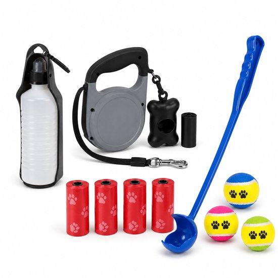 Kwispelz - Honden Wandelset – Hondenriem 5 meter - Poepzakjes - Waterfles - Ballenwerper - Tennisballen