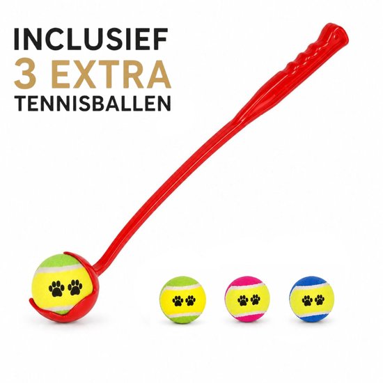 Kwispelz Ballenwerper voor honden - 65 cm - Werpstok - Ballenwerper - Hondenspeelgoed - Incl. 3 tennisballen - Rood/Geel/Blauw
