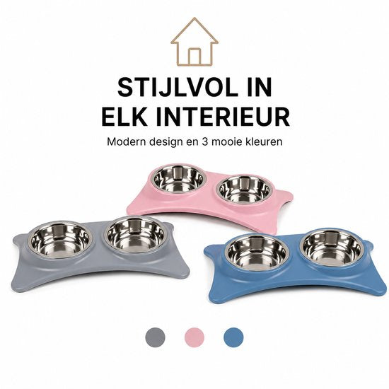 Voerbak Set met Voermat – Antislip – Dubbele RVS Bakken – Grijs – 40 x 20 cm – Inclusief Mat 60 x 45 cm
