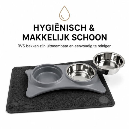Voerbak Set met Voermat – Antislip – Dubbele RVS Bakken – Grijs – 40 x 20 cm – Inclusief Mat 60 x 45 cm