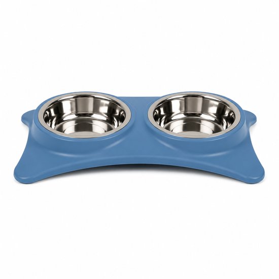 Voerbak Hond en Kat – Dubbele RVS Bakken – Blauw – 40 x 20 cm – Antislip